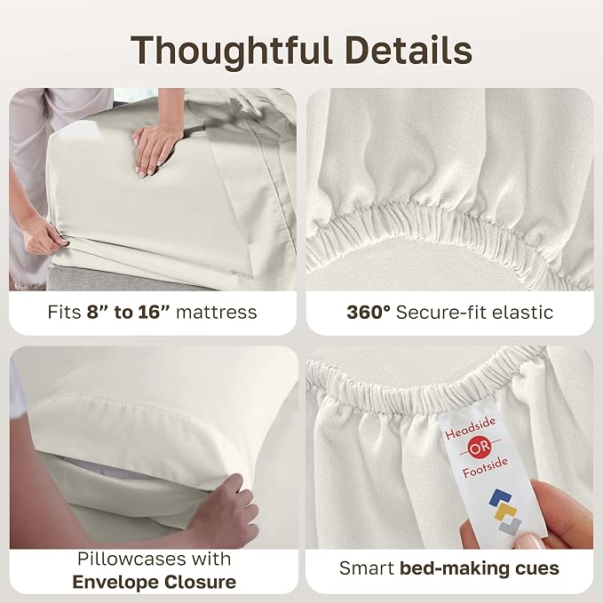 California Design Den 6-Pc King Size Sheet Set with 4 Pillowcases - Soft 400 Thread Count 100% Cotton Sheets, Sateen Weave, Deep Pocket Bedsheets Set - Ivory (Pale Tone)
