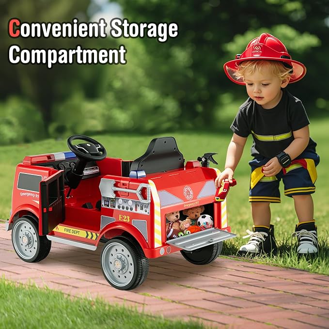 Costzon Kids Ride on Fire Truck, 12V Battery Powered Fire Car w/Remote Control, Extinguisher, Shovel, Loudspeaker, Music, Sirens, Lights & Wireless Connection, Electric Vehicle for Kids(Fire Truck)