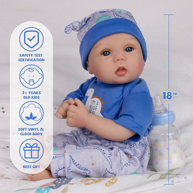 Milidool Lifelike Reborn Baby Dolls Boy - 18-Inch Baby Soft Body Realistic-Newborn Baby Dolls Cloth Body Real Life Baby Dolls with Toy Accessories for Kids Age 3 4 5 6 7 +