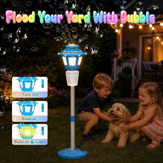 2 Pack Bubble Machine for Kids, Automatic Bubble Blower with Light & Rechargeable Battery, 40 Inch Adjustable Height Outdoor Toys for Party, Toddlers, Sibling Gifts (Includes 6 Solution), Blue