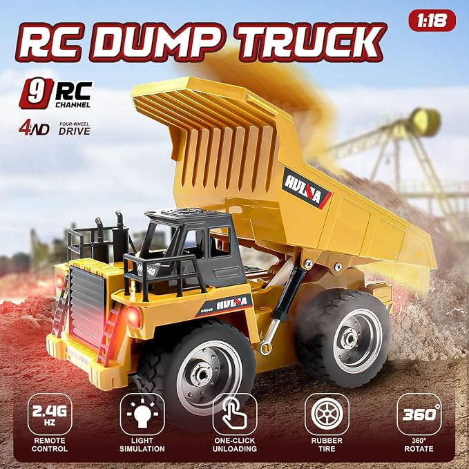 RC Dump Trcuk Toy for Kids,9-Channel Construction Vehicle Truck Toys with Working Bed, Lights & Sounds,1:18 Rechargeable Remote Control Truck for Boys Girls Gift