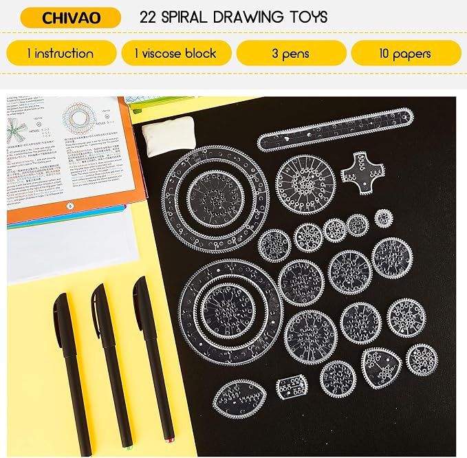 Chivao Spiral Art Kit Circle Stencils Drawing Tool Gear Geometric Ruler Circle Template Drawing Kit Plastic Spiral Curve Stencils with Pens Paper for Back to School Gifts DIY Crafts Sketch(Classic)