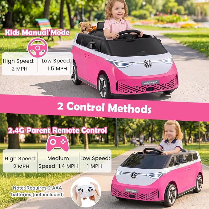 Costzon Ride on Car, 12V Licensed Volkswagen Kids Car Bus with Storage Compartment, Music, Story, Spring Suspension, LED Headlights, Electric Vehicles for Boys Girls Aged 3-7 (Hot Pink)