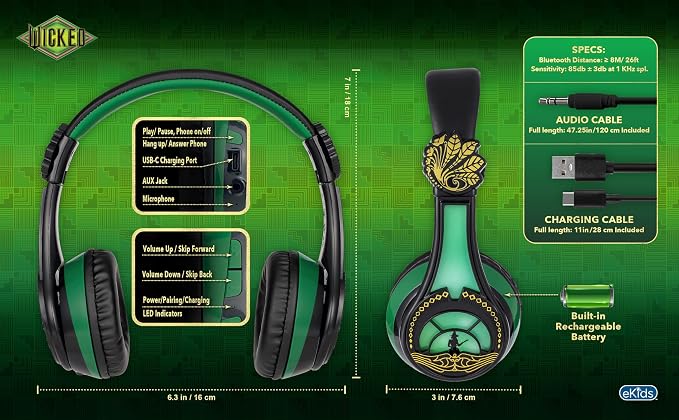 Wicked Elphaba Bluetooth Headphones for Kids, Wireless Headphones for School, Home, or Travel (Wicked Elphaba)