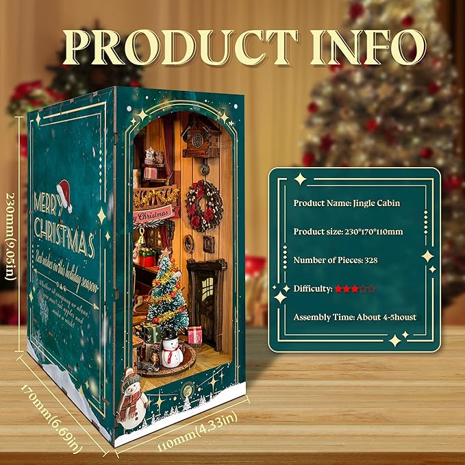 Christmas Book Nook Kit with LED Light - DIY 3D Puzzles Miniature House Kit Rotating Decorative Dollhouse Book Nooks for Adults Teens Gift - Jingle Cabin (SQ-34)