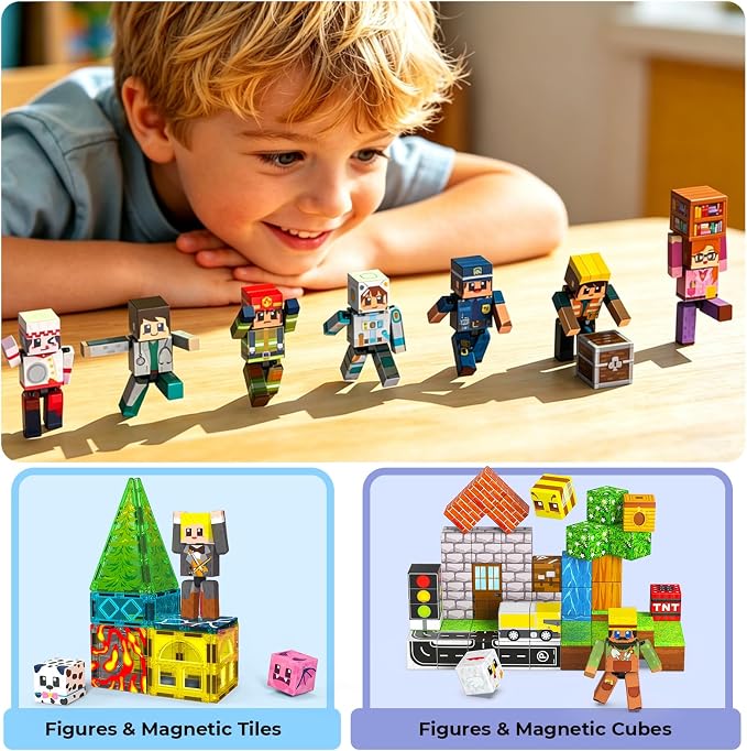 Annexfun 20 Pcs Magnetic Action Figures Playset, Magnetic Building Block City Toys with Magnetic Cubes, 360° Rotating Arms and Legs, Creative Play Set for Kids 6+, Birthday Gifts for Boys Girls