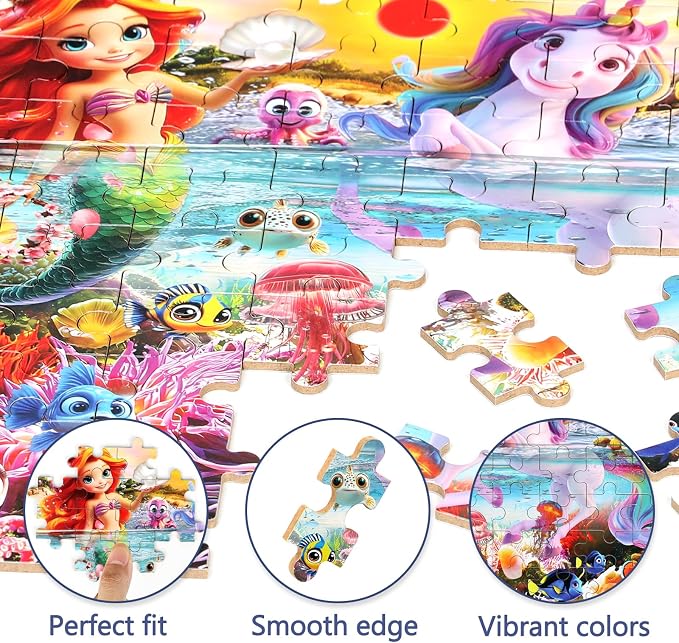 MZZOTOY Mermaid Unicorn Puzzles for Kids Ages 4-8, 100 Pieces Jigsaw Puzzles for Kids Ages 3-5 Puzzle for Girls and Boys Learning Educational Puzzles Toys in a Metal Box