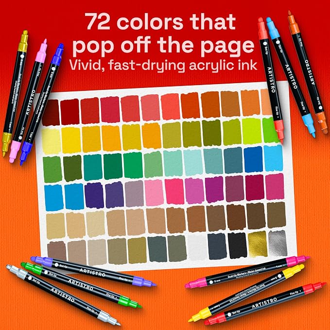 ARTISTRO 72 Precision Dual-Tip Acrylic Paint Markers – Paint Pens Set with Dot & Fine Tips for Fabric, Rock, Glass, Wood, Coloring Books – Arts & Crafts Gift – Classroom Must Haves & School Supplies