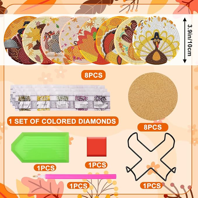 UPINS 8Pcs Fall Diamond Art Coasters with Holder Thanksgiving Diamond Turkey Art Coasters Kits for Adults Kids Beginners Diamond Craft Supplies