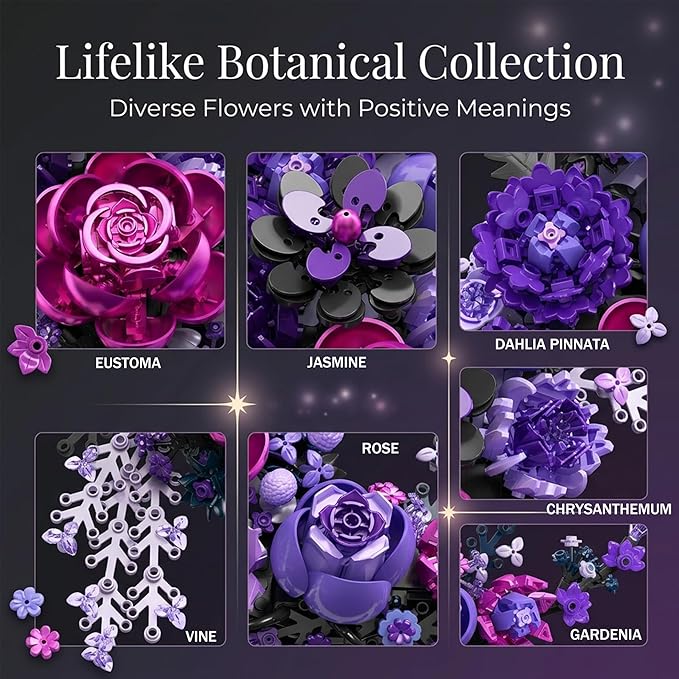 Purple Moon Flower Building Set, Botanical Collection Artificial Flowers Building Blocks Kit Compatible with Lego for Adults Home Décor Wall Art Decoration