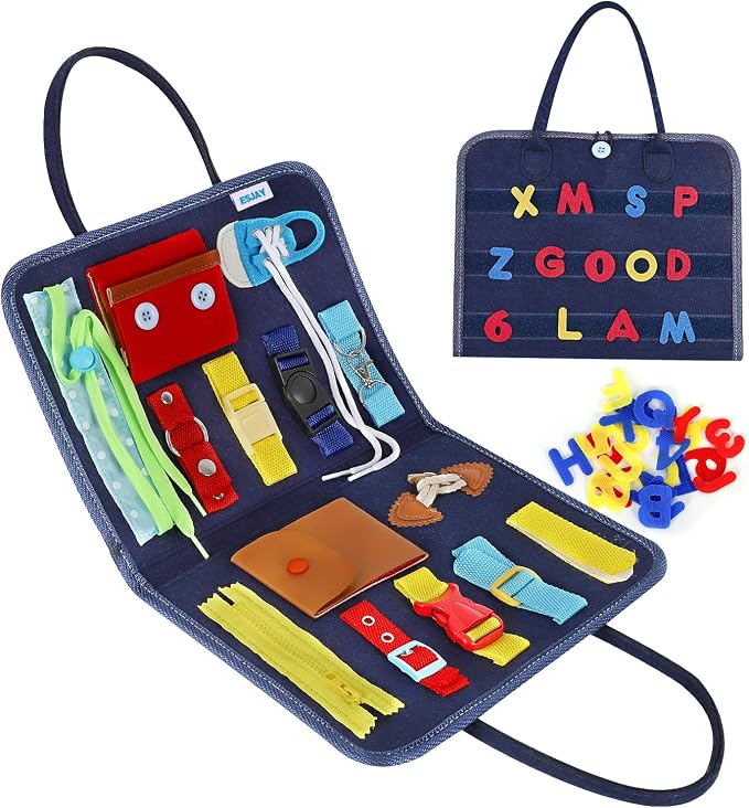 Esjay Toddler Busy Board, Sensory Board for Fine Motor Skill, Montessori Toys Educational Learning Toddler Activities for 3+ Year Old, Travel Car Airplane Toys Gifts for Boys Girls,Blue Alphabet