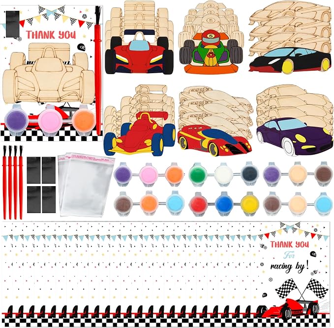 Bafeil 24 Set Race Car Party Favors - Painting Craft Kits with Thank You Cards for Boys Girls Toddler, Racing Cars Themed Birthday Party Decorations for One Two Fast Party Favors Goodie Bag Stuffers