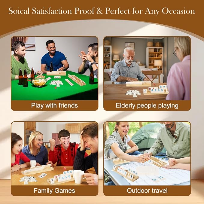 Soopotay Upgraded 2-4 Players Rummy Game, 106 Melamine Tiles, 4 Wooden Racks, Premium Portable Case, Drawstring Bags, Tile Board Games for Adults, Birthday Gifts for Men Women Dad Mom