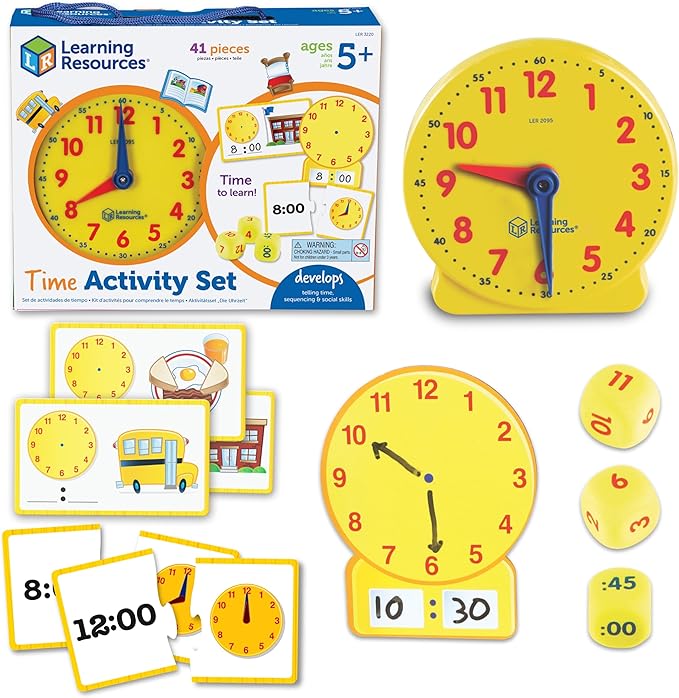 Learning Resources Time Activity Set - Kids Learning Clock, Classroom Clocks for Students, Telling Time Teaching Clock, Analog Clocks for Kids, Teaching Classroom Supplies