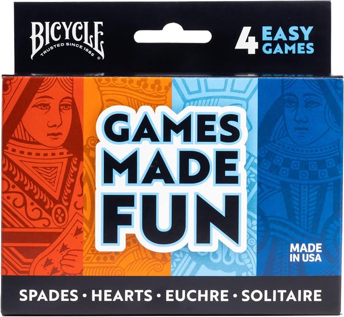 Bicycle 4 Playing Card Games in 1: Euchre, Hearts, Spades, and Solitaire (4 Card Game Pack)