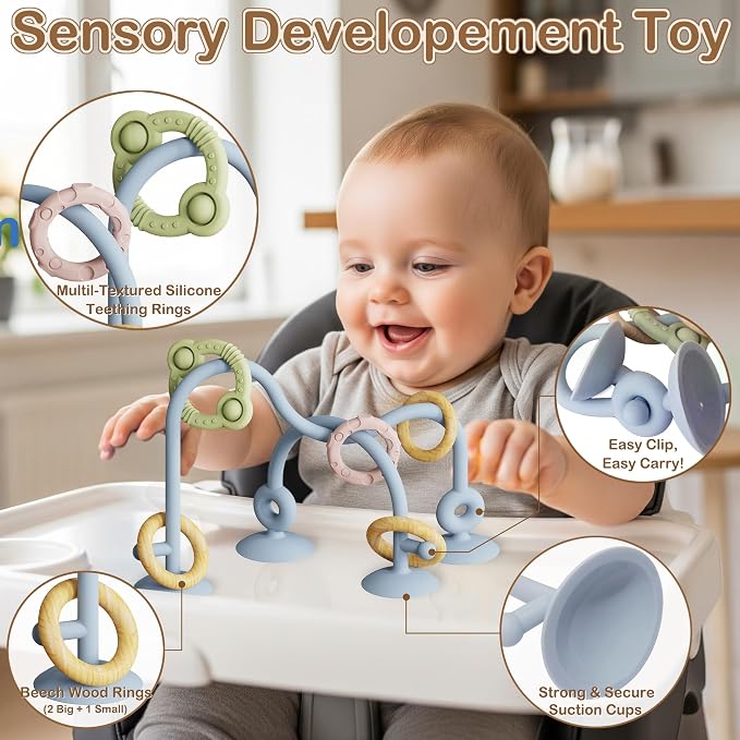 Baby Montessori Toy, High Chair Suction Cup Toy and Teething toy Set - Table Toy & Pop-it Fidget Teether for 6+ Months 1 2 3 Years, BPA Free Silicone Sensory Toys for Baby & Toddler (Skyblue)