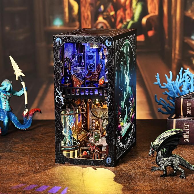 Book Nook DIY Kit,Mysterious Creature Diorama 3D Wooden Puzzle with LED,Bookend Bookshelf Decoration,Miniature Doll House for Home Decor,Chamber of Stranger Beasts