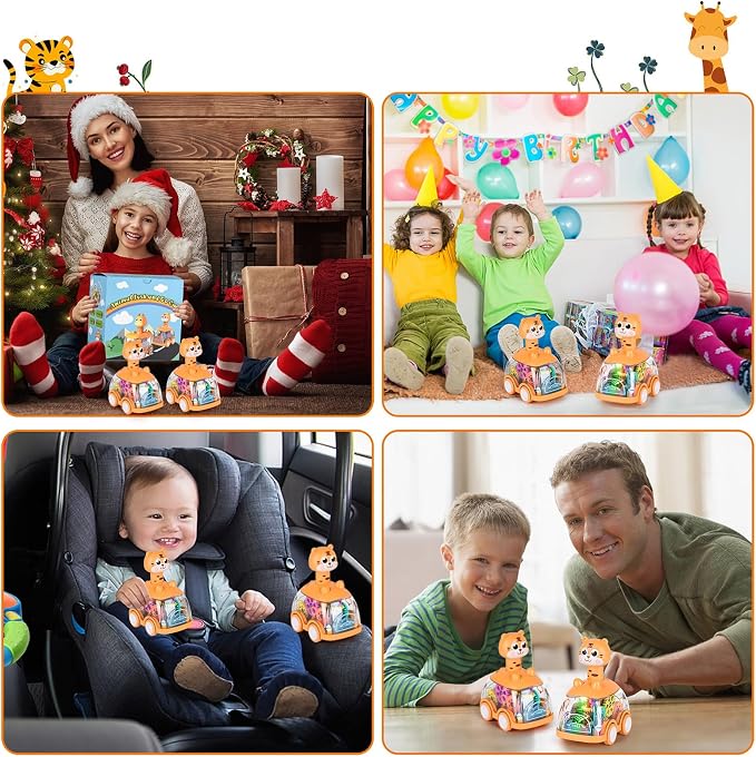 ShinySong Press and Go Car for Toddlers, 2 Pack Light Up Baby Animal Car Toys with Visible Gears, Birthday Gifts for Boys Girls, Tiger 2PCS