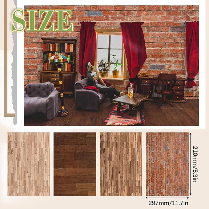 Flutesan 12 Pcs Miniature Dollhouse Wallpaper and Flooring Peel and Stick Mini DIY Self Adhesive Dollhouse Accessories 8.27 x 11.69 Inch (4 Styles)