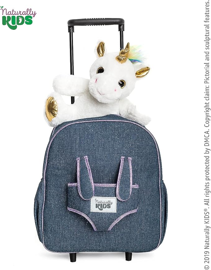 【Upgraded】Toddler Luggage for Girls w Removable Unicorn Toy | Side & Inner Pockets, Reflective Logo, Name Tag, Sparkly Denim | Kids Rolling Backpack | Travel & Birthday Gifts for 3 4 5 6 Year Old