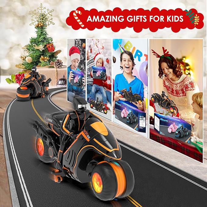 Remote Control Motorcycle with RGB Lights & Exclusive Side Glide | Ready-to-Play with 2 Batteries | 2.4GHz RC Stunt Bike Gift for Kids 5-12
