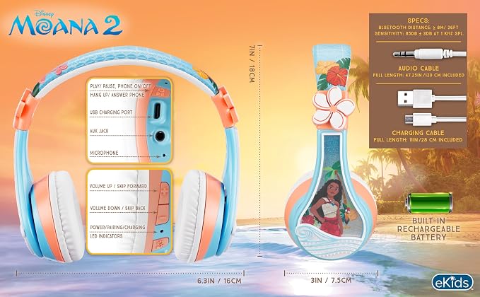 Moana 2 Bluetooth Headphones for Kids. Wireless Headphones for School, Home or Travel