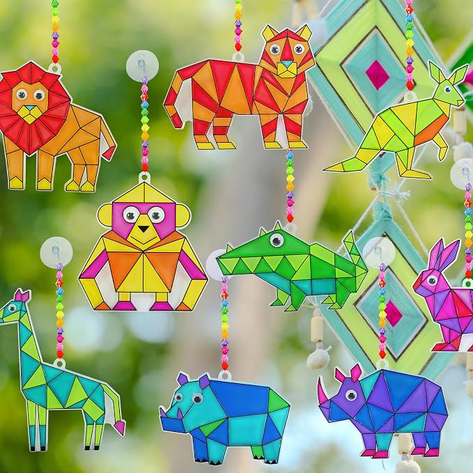 Winlyn 24 Sets Jungle Animal Suncatcher Decorations DIY Window Paint Art Craft Kits Safari Animal Sun Catchers Rainbow Painting Kit for Kids Classroom Activities Summer Camping VBS Party Art Project