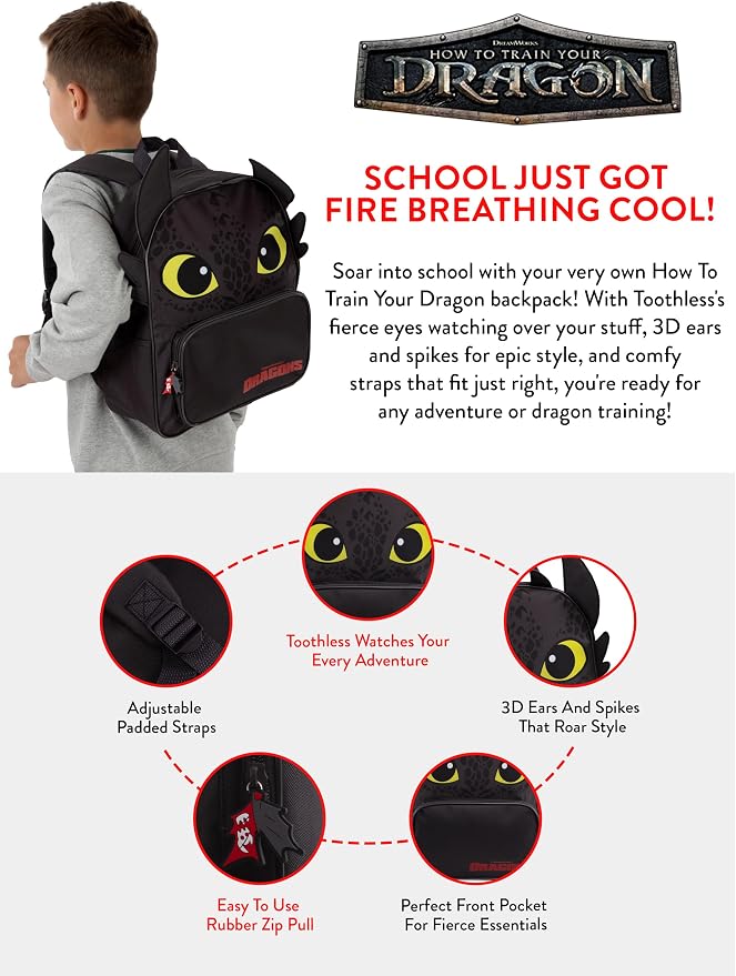 How To Train Your Dragon Boys Backpack, Toothless Kids Bag, Dragon Backpack For Boys, One Size Gray