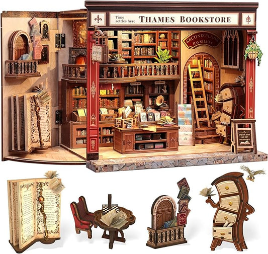CUTEBEE Book Nook Kit - British Bookstore Magic DIY Miniature House Dollhouse Kit for Adults, Library Booknook Bookshelf Decor 3D Wooden Puzzle, Gifts for Family, Friends(Thames Bookstore)