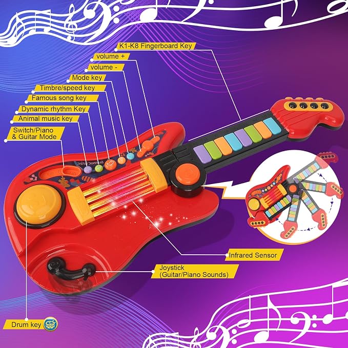 Kids Guitar Toy for 3 Year Old Boy Birthday Gift 2-in-1 Electric Guitars & Piano for Toddlers 2-4 Light Up Music Toys for 3 4 5 Year Old Boys Girls Gifts