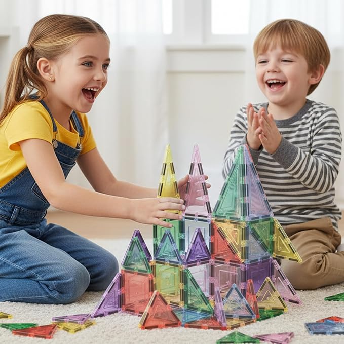PicassoTiles 48PC Magnetic Tiles Pastel Building Construction Stacking Toy STEM Montessori Educational Magnet Tile Sensory Learning Playset For Toddlers Preschool Elementary Boys Girls Ages 3+ PTJ48JN