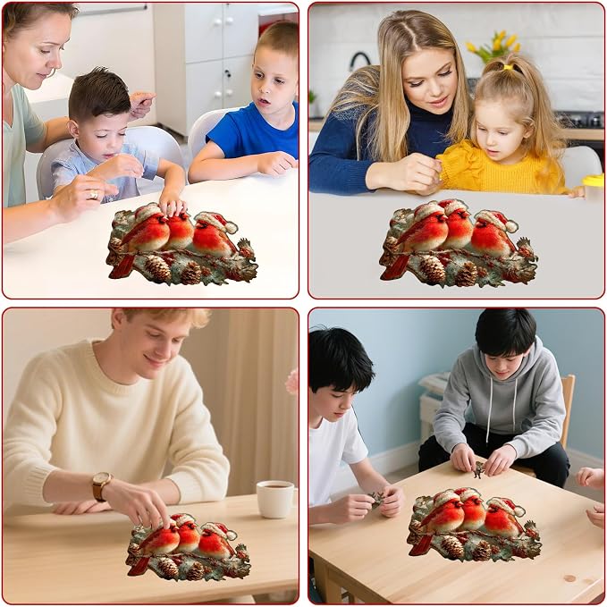 MEATRN Christmas Cardinal Wood Puzzles Adult – Three Baby Birds with Santa Hat, 480Pcs Wooden Jigsaw Puzzle for Festive Holiday Fun, Teens’s Party and Winter Activity 18.5"×13.5"