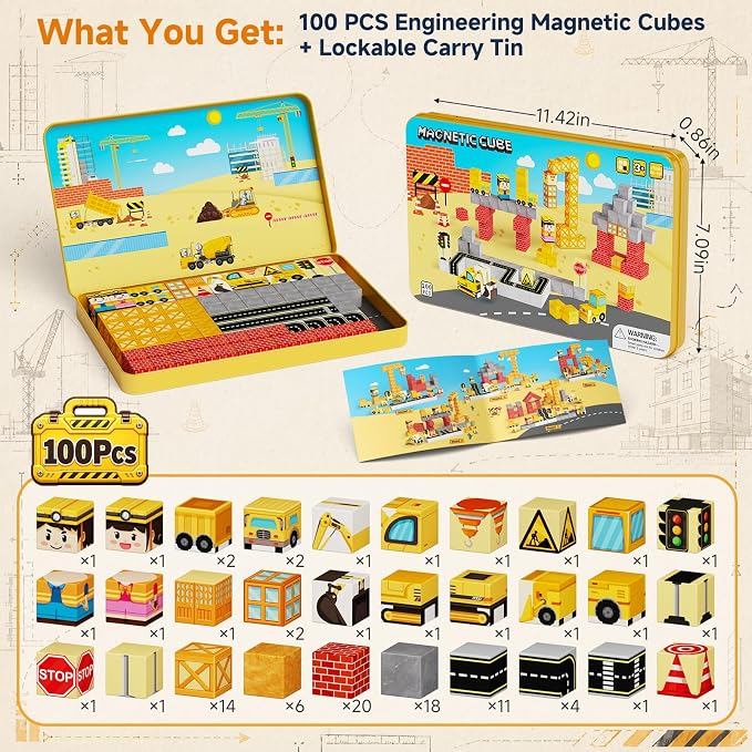 Magnetic Blocks Travel Kit: 100PCS Engineering Construction STEM Building Cubes with N32 Strong Magnets, Carry Tin Storage, Birthday Gifts for 3-8 Year Old Boys