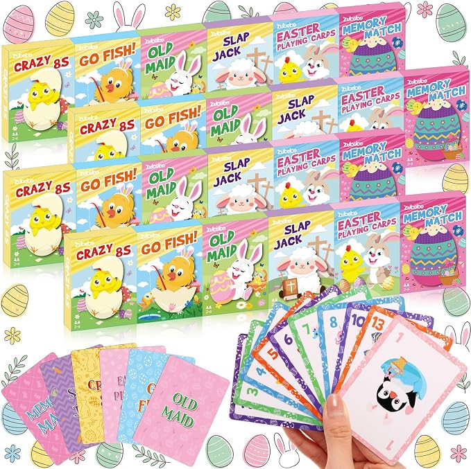 Zubebe 24 Pack End of Year Card Games Bulk 6 in 1 Classic Playing Card Game Set for Kids Includes Go Fish, Old Maid, Crazy Eights, Memory Match, Slap Jack, Playing Cards for End of Year Party Favors