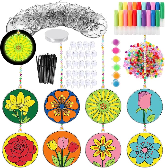 Nlicrst 32 Sets Flower DIY Sun Catcher Crafts Decorations, Sun Catcher Kits for Adults Window Art, Suncatcher Paint DIY Craft Kits for Kids Classroom Decorations