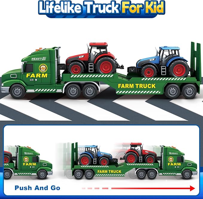 Bstoyder Toddler Boy Toys for 3 4 5 6 7 Years Kids, 27" Semi Flatbed Truck Toy with 2 Tractors, Friction Powered Vehicles Toys with Lights and Sounds, Birthday for Boy Girls