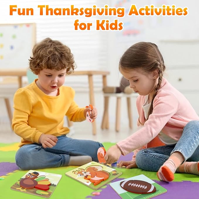 6 Pack Thanksgiving Wooden Puzzle for Toddlers, Thanksgiving Toys Jigsaw Puzzles for Thanksgiving Activities Party Favors Games Kids Boys Girls Thanksgiving Gifts Supplies
