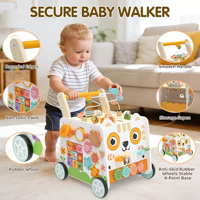Weilim Wooden Baby Push Walker with Activity Center, Montessori Toy 12M+ | 16-in-1 Bead Maze Shape Sorter Xylophone, Height Adjustable, Non-Slip Wheels, BPA-Free Wood, Toddler Gift for Boys Girls