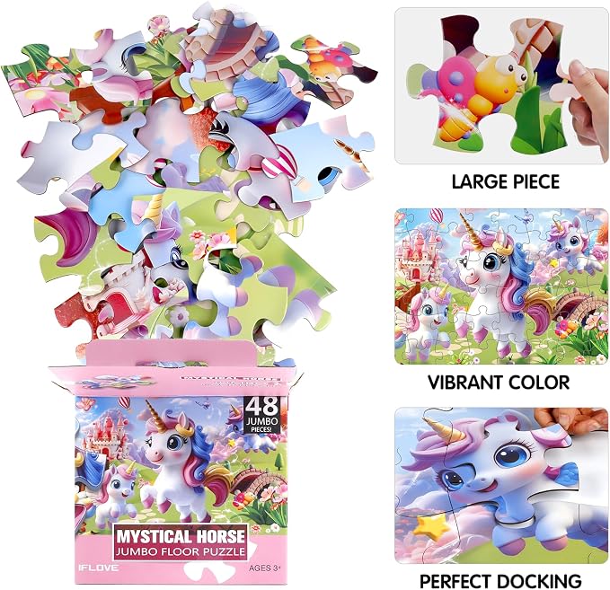 IFLOVE Unicorn Floor Puzzle for Kids — 48 Piece Jumbo Rainbow Unicorn Jigsaw Puzzle, 35 x 24 Inch Large Magical Unicorn Puzzle, Educational Toy Birthday for Girls Boys Ages 3-8