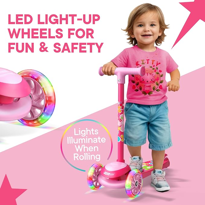 3 Wheel Scooter for Kids, Smooth Light Up LED Front Wheels, Wide Anti Slip Deck, Rear Foot Brake, Easy Lean to Steer Maneuvering, Indoor & Outdoor Ride On Toys for Ages 2 Up,