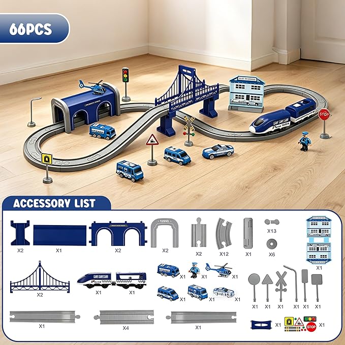 Wdmiya Train Sets for Toddlers, 66 Pcs Trains Toy with Battery Operated & Tracks (Magnetic Connection), Compatible with Thomas, Brio, Christmas Toy Gifts for 3 4 5 6 7 8 Years Old (Police)