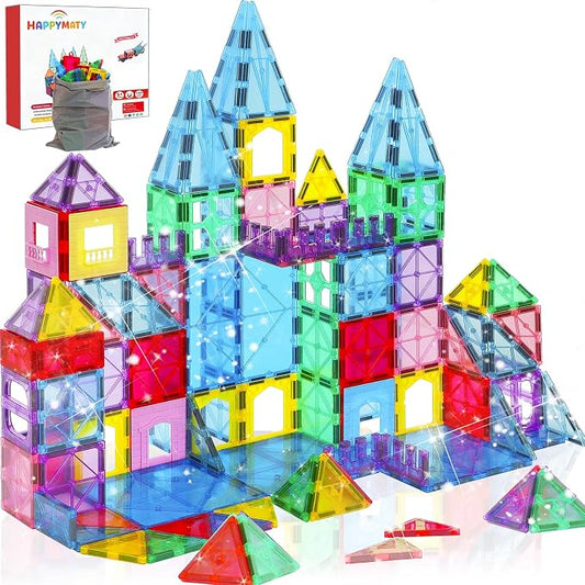 Antibacterial Magnetic Tiles 124PCS, STEM Toy for Kids Aged 3+ | 4 XL squares, Bacteria resistant, Safer play, EPA-registered, Fits other brands, ABS plastic, Montessori toy, Classroom gift