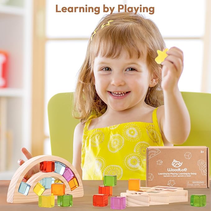 Woodtoe Wooden Building Blocks Set for Kids, Rainbow & Tree Wood Frame - 24 PCS Acrylic Gem Cubes Stacking Blocks, Montessori Stacking Toys, Educational Birthday Toys Gift for Toddlers 3-6