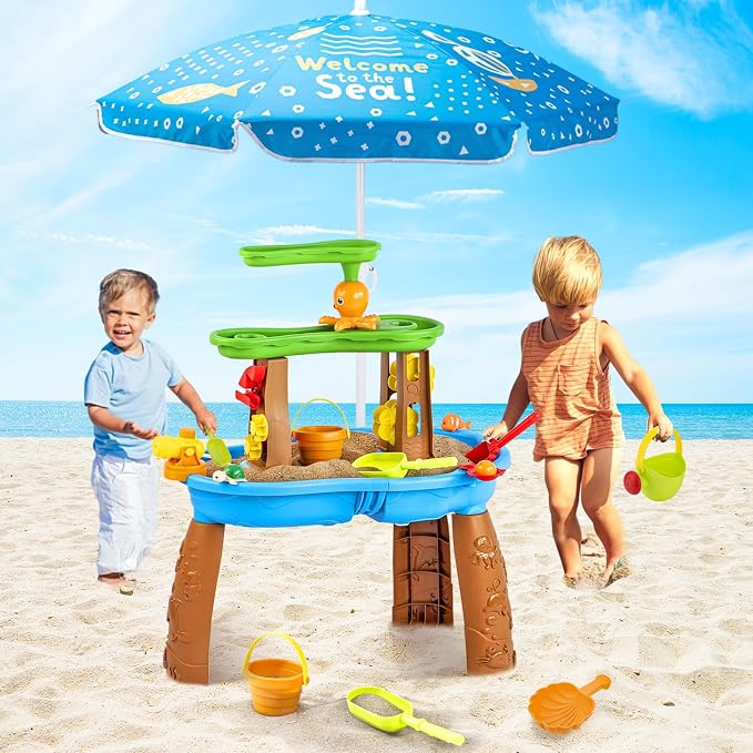 Water Table for Toddlers 3-5 with Umbrella Outdoor Toys for Kids Ages 4-8 Kids Sand Water Table with Fishing Game Set Activity Sensory Table with Water Pump Summer Gift for Kids