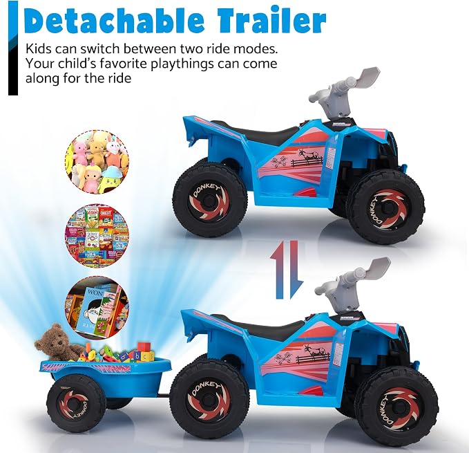 TOBBI 6V Electric Kids Ride On Toy Car with Trailer, Toddler 4 Wheeler Powered Vehicle, ATV to Drive with Music/Battery Volume Display for Children Age 2-6-Blue