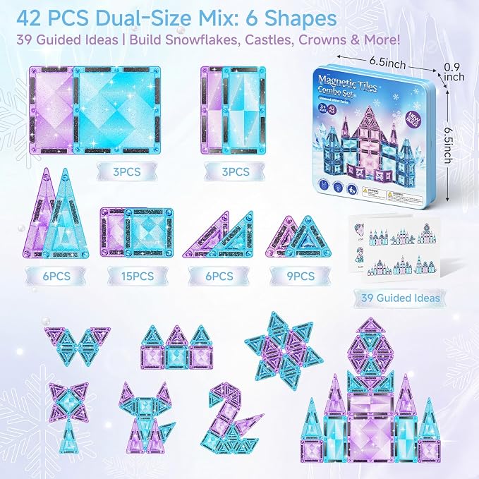 burgkidz Magnetic Travel Tiles for Kids 3-8: 42PCS Large & Small Ice Blue Purple Glitter Blocks – 2-in-1 Storage & Base – 90+ Min Quiet Play, 300+ Builds, 30s Cleanup – Car & Plane Toys for Girls