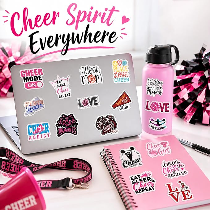 QTL Cheer Stickers for Girls Teens, Cheerleading Party Supplies, Waterproof Vinyl Stickers for Water Bottles Laptop, 60PCS