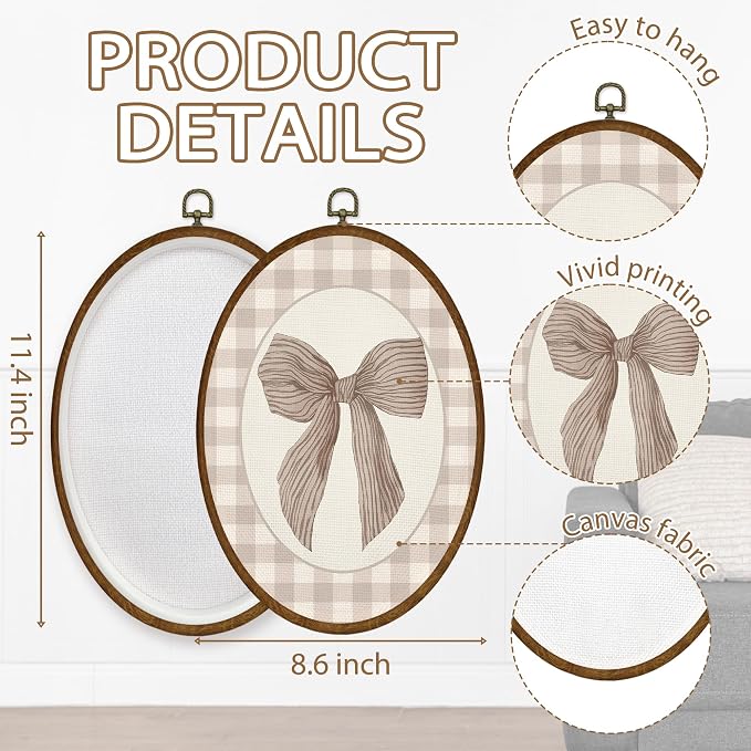 WULQYING Vintage Coquette Bow Girl Nursery Wall Art Decor, Preppy Oval Framed Canvas Art Prints, Neutral Gingham Girly Wall Hanging Decor for Toddler Girls Nursery Room Bedroom, 8.6x11.4 Inches