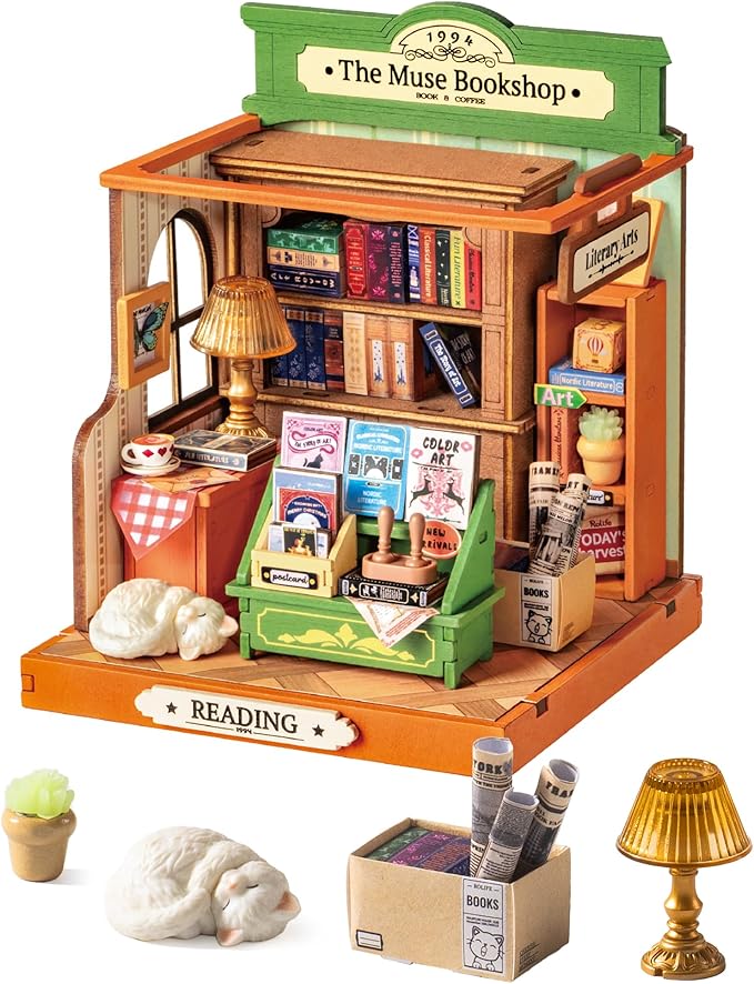 Robotime DIY Miniature House Kit for Adults, 1:28 Diorama Dollhouse with LED Lights, 3D Wooden Puzzles for Adults, Creative Crafts & Unique Gift for Craft Enthusiasts (The Muse Bookshop)