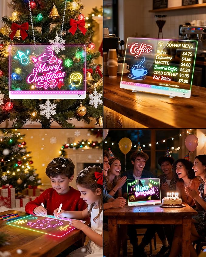 LED Drawing Board for Kids - 17" Flicker-Free Glow Doodle Drawing Pad with 11-Color Light Modes, Soft Light Dry Erase Note Board with Stand, Hanging Chain, 12 Markers, Gifts for Kids (2 PCS)